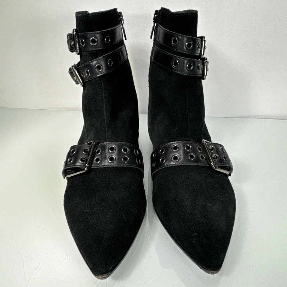 Napoleoni Black Suede Pointed Toe Adjustable Strap Detail Ankle Boots Size 37 - Picture 2 of 11